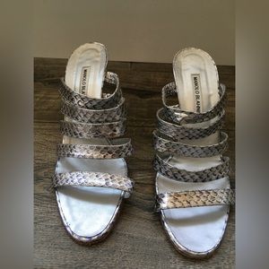 Manolo Blahnik silver strappy mules